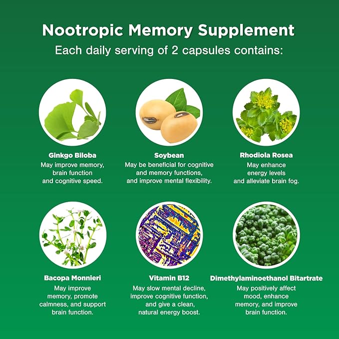 Nootropic Memory Supplement for Brain Support - Memory Pills for Brain Boost and Natural Energy Booster - Vitamin B 12 Bacopa Monnieri Rhodiola Rosea DMAE Ginkgo Biloba Phosphatidylserine Supplement