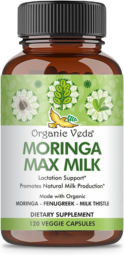 Organic Veda Moringa Max Milk Lactation Supplement - Moringa Lactation Support with Long Pepper, Fennel Seeds & Milk Thistle Extract - Promotes Natural Milk Production - Vegan, Non-GMO - 120 Count