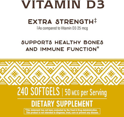 Nature's Way Vitamin D3 Extra Strength** - 50 mcg Cholecalciferol - Bone Health Supplement* - Immune Function Support* - Gluten Free - 240 Softgels