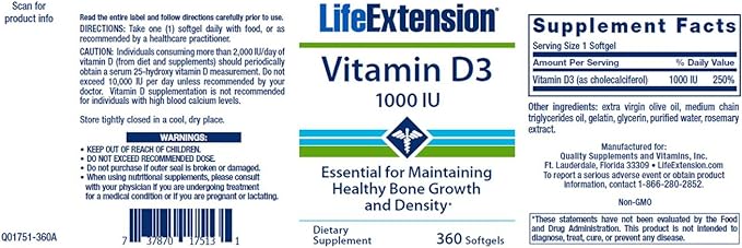 Life Extension Vitamin D3 25 mcg (1000 IU), Immune System Support, Bone Health, Whole-Body Health, Value Size, Gluten-Free, Non-GMO – Two Pack - 2 x 250 Softgels