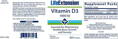 Life Extension Vitamin D3 25 mcg (1000 IU), Immune System Support, Bone Health, Whole-Body Health, Value Size, Gluten-Free, Non-GMO – Two Pack - 2 x 250 Softgels