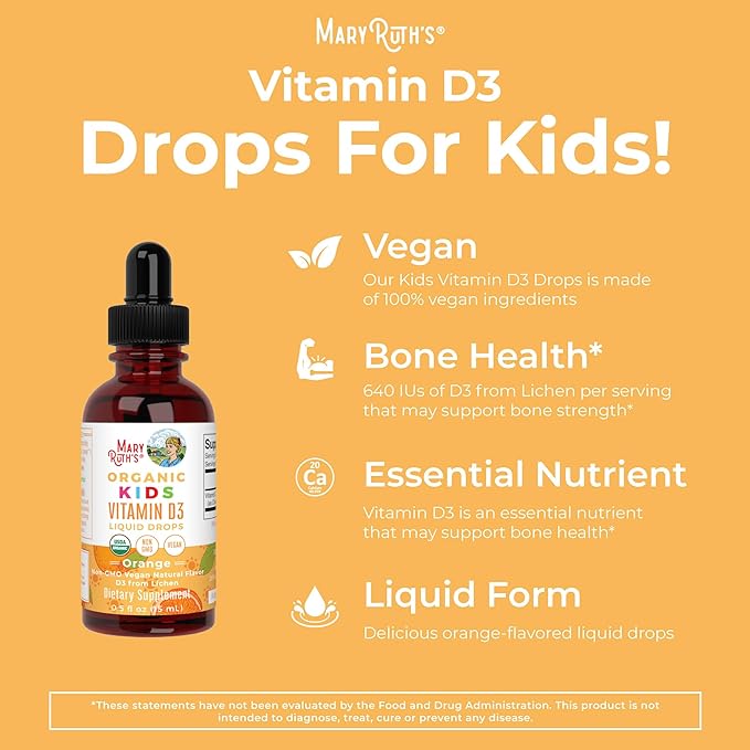 USDA Organic Vitamin D3 Liquid Drops for Kids by MaryRuth's | 640 IU Vitamin D3 Per Serving | Kids Immune Support & Bone Health Supplement | Formulated for Ages 4-13 | 0.5oz | 30 Servings