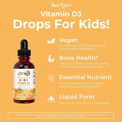 USDA Organic Vitamin D3 Liquid Drops for Kids by MaryRuth's | 640 IU Vitamin D3 Per Serving | Kids Immune Support & Bone Health Supplement | Formulated for Ages 4-13 | 0.5oz | 30 Servings