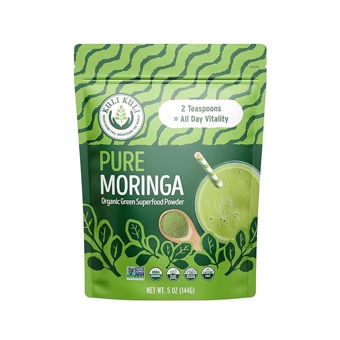 Kuli Kuli Moringa Oleifera Organic Leaf Powder & Green Smoothie, 100% Pure USDA Certified & Non-GMO Moringa Powder, Great with Smoothies, Tea, and Food - Single Pack, 5 oz.