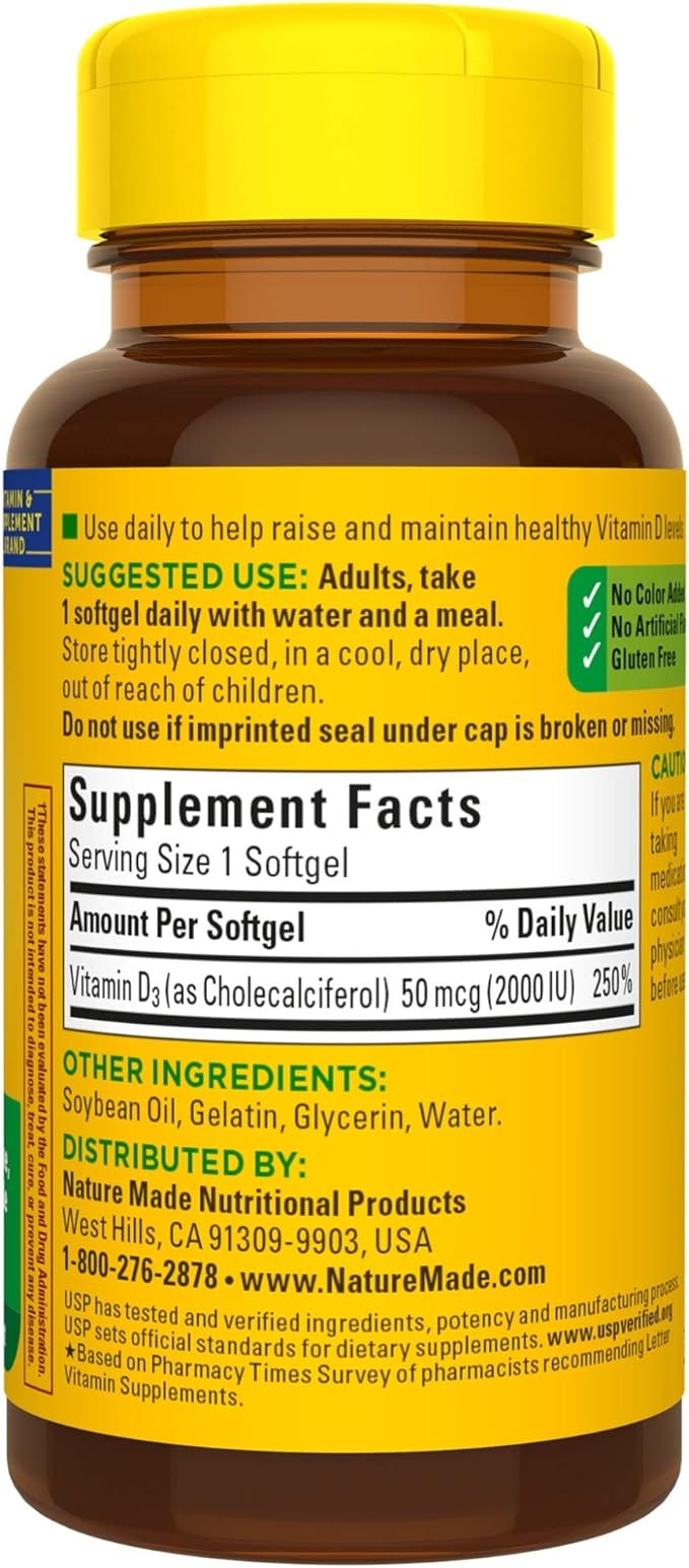 Nature Made Vitamin D3, 90 Softgels, Vitamin D 2000 IU (50 mcg) Helps Support Immune Health, Strong Bones and Teeth, & Muscle Function, 250% of The Daily Value for Vitamin D in One Daily Softgel