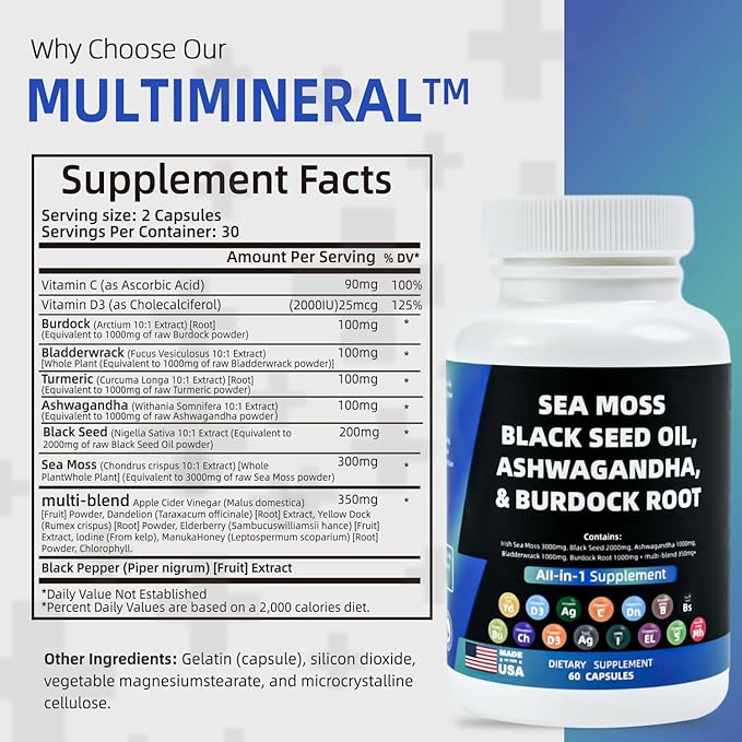 Multivitamin Sea Moss 3000mg Black Seed Oil 2000mg Ashwagandha 1000mg Turmeric 1000mg Bladderwrack 1000mg Burdock 1000mg Vitamin D3 with Elderberry Manuka Dandelion Yellow Dock Iodine Chlorophyll