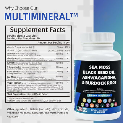 Multivitamin Sea Moss 3000mg Black Seed Oil 2000mg Ashwagandha 1000mg Turmeric 1000mg Bladderwrack 1000mg Burdock 1000mg Vitamin D3 with Elderberry Manuka Dandelion Yellow Dock Iodine Chlorophyll