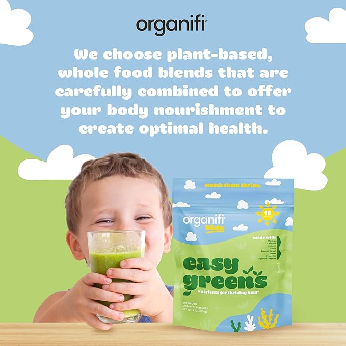 Organifi Kids: Easy Greens - Probiotics for Kids Made with a Delicious Blend of Vegetables and Superfoods - Plant-Based, Vegan, and No Gluten, Dairy, or Soy, 15 Servings