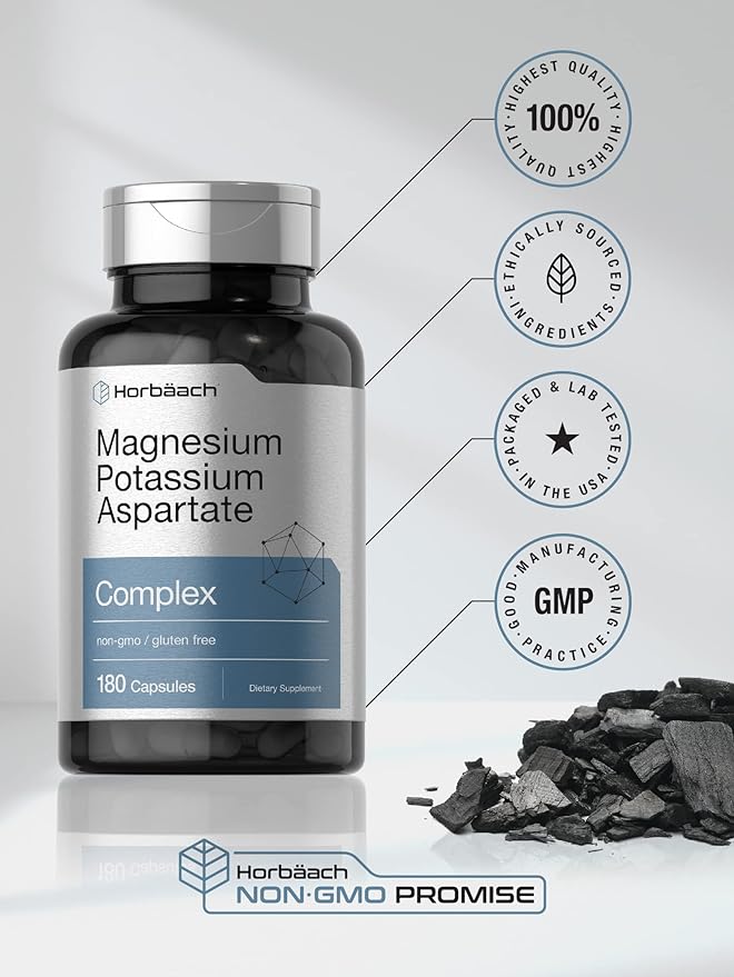 Horbäach Magnesium Potassium Aspartate Complex | 180 Capsules | Non-GMO and Gluten Free Formula