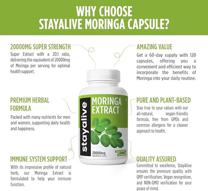 StayAlive Pure Moringa Capsules, Equivalent to 20000mg, Extra Strength, Green Extract Supplement, 120 Vegan Pills, Supplement for Immune, Digestive & Body Support