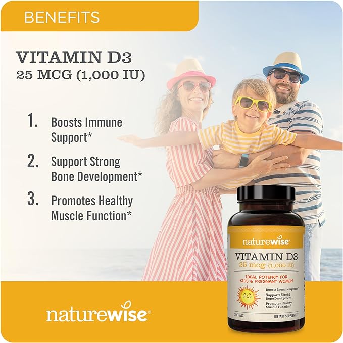 NatureWise Vitamin D3 1000iu (25 mcg) Healthy Muscle Function, and Immune Support, Non-GMO, Gluten Free in Cold-Pressed Olive Oil, Packaging Vary (Mini Softgel), 200 Count