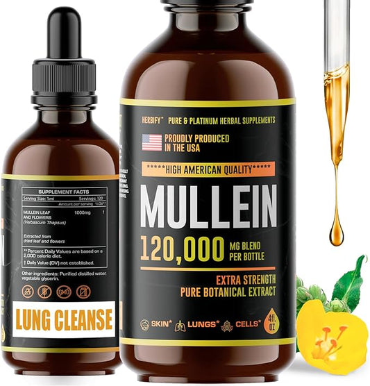 HERBIFY Mullein Drops - Lung Cleanse - Leaf Extract - Powerful Mullein for Immune Support,Detox & Respiratory Support - Made in USA - Herbal Supplements - 4 Oz