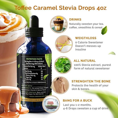 Toffee Caramel (4oz) Liquid Stevia Drops Bottle Our Zero Calories Sweetener (800 Servings). All Natural flavoring with No Artificial Additives & Filler Ingredient