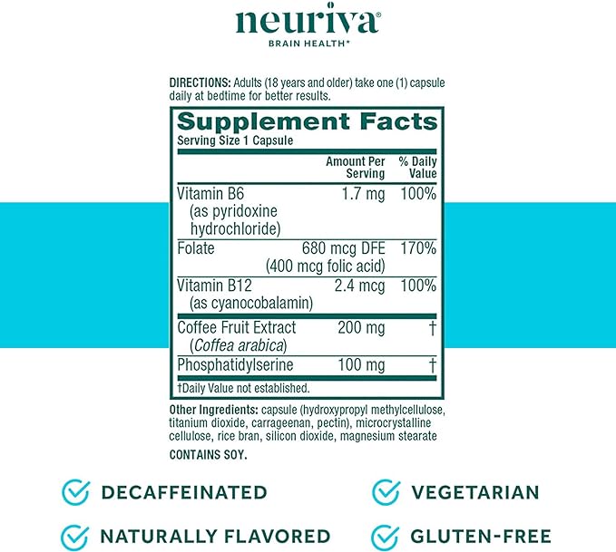 NEURIVA Nootropic Brain Support Supplement Plus Capsules (30ct Bottle) Phosphatidylserine, B6, B12, Folic Acid - Supports Focus, Memory, Learning, Accuracy, Concentration & Reasoning (Pack of 2)