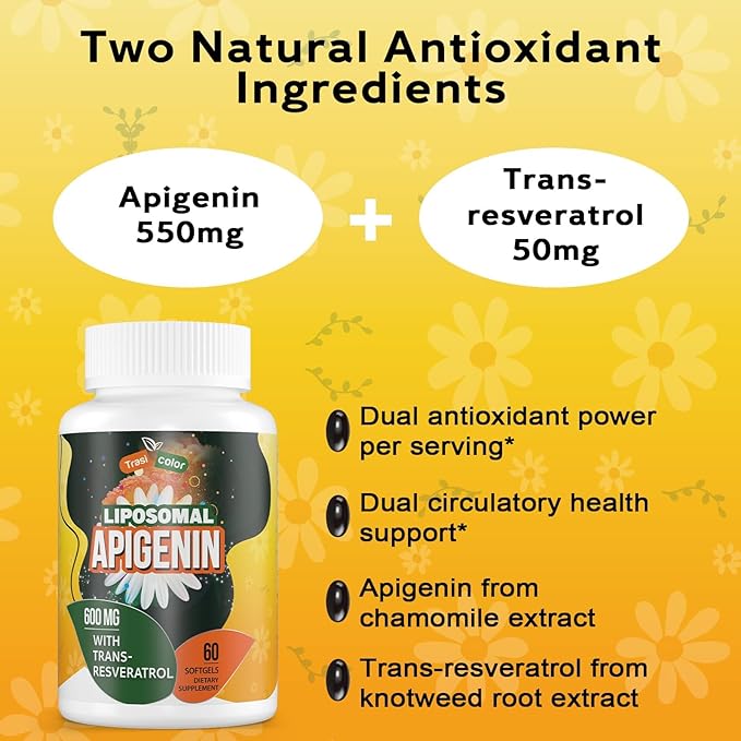 Liposomal Apigenin Supplements - Apigenin 550mg and Trans-Resveratrol 50mg, High Bioavailability Apigenin Capsules, Apigenina - Flavonoid Antioxidants, 120 Softgels (Pack of 2)