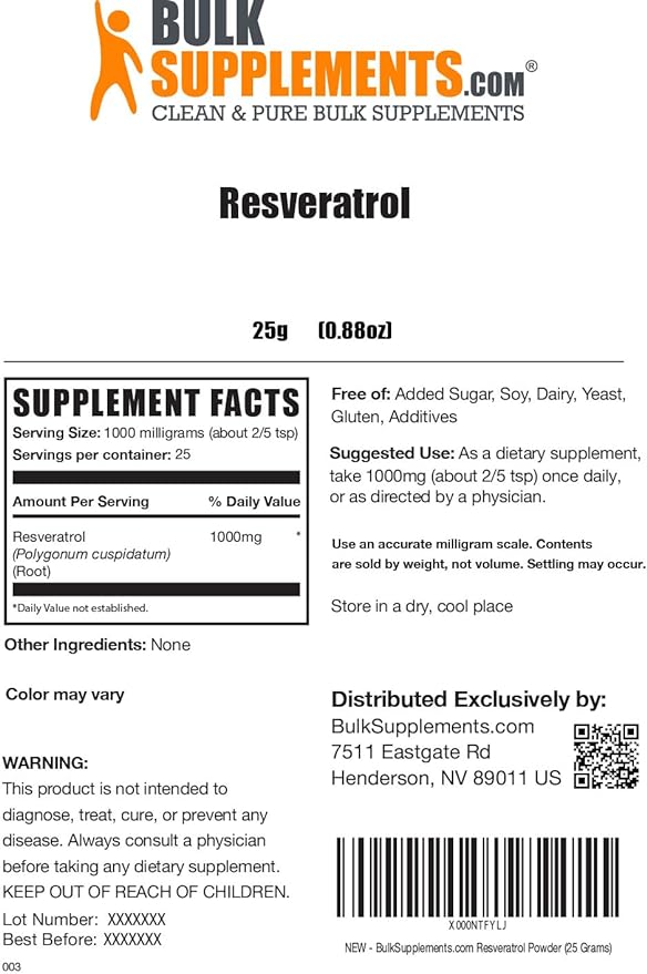 BulkSupplements.com Resveratrol Powder - Resveratrol Supplement, Polygonum Cuspidatum, Resveratrol 1000mg - Antioxidant & Gluten Free, 1000mg per Serving, 25g (0.88 oz) (Pack of 1)