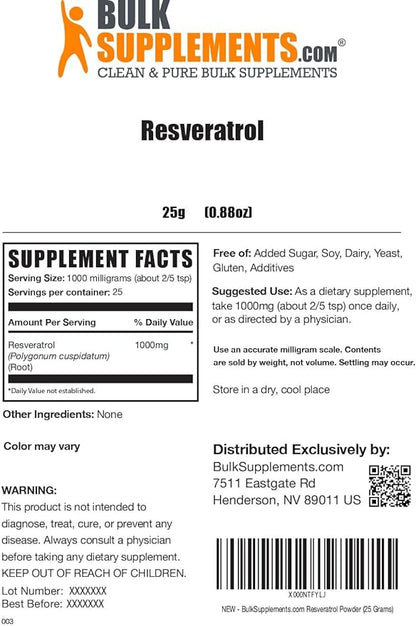 BulkSupplements.com Resveratrol Powder - Resveratrol Supplement, Polygonum Cuspidatum, Resveratrol 1000mg - Antioxidant & Gluten Free, 1000mg per Serving, 25g (0.88 oz) (Pack of 1)