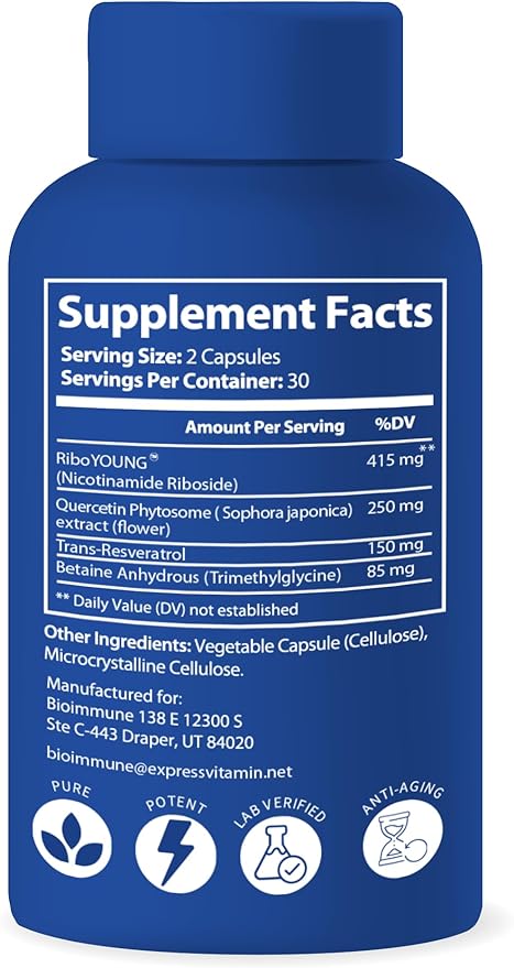 NAD+ Supplement. Exclusive Formula w/Patent Pending RiboYOUNG™. Nicotinamide Riboside, Quercetin, Resveratrol, Betaine NRF2 Activator. Anti Aging True NAD Supplement