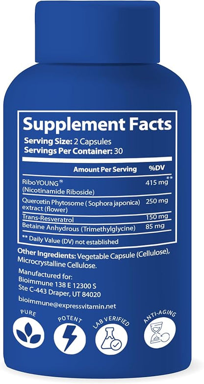 NAD+ Supplement. Exclusive Formula w/Patent Pending RiboYOUNG™. Nicotinamide Riboside, Quercetin, Resveratrol, Betaine NRF2 Activator. Anti Aging True NAD Supplement