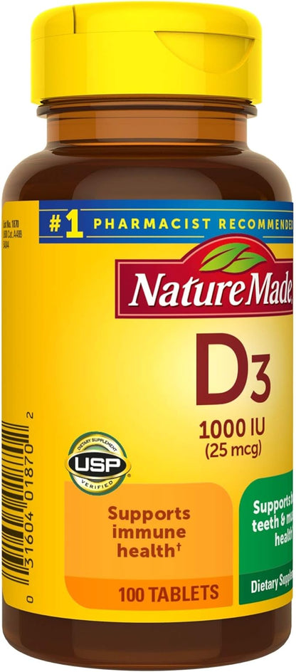 Nature Made Vitamin D3, 100 Tablets, Vitamin D 1000 IU (25 mcg) Helps Support Immune Health, Strong Bones and Teeth, & Muscle Function, 125% of the Daily Value for Vitamin D in One Daily Tablet