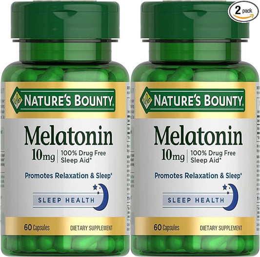 Nature's Bounty Melatonin, 100% Drug Free Sleep Aid, Dietary Supplement, Promotes Relaxation and Sleep Health, 10mg, 60 Count(Pack of 2)