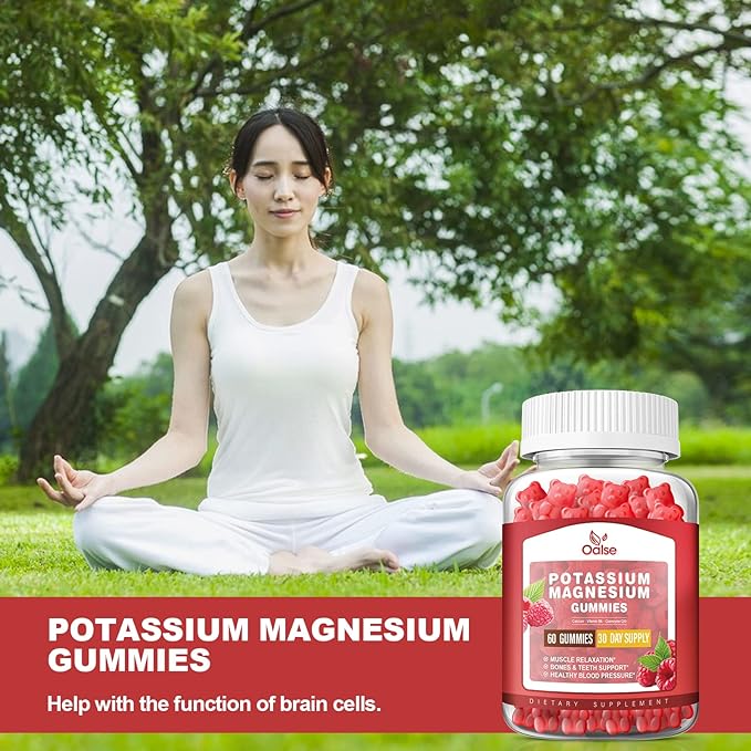 Potassium Magnesium Gummies for Adults Kids, High Absorption Potassium Gluconate 99mg Magnesium Citrate 400mg, Chewable Gummy Supplements for Leg Cramps & Muscle & Heart Health, Raspberry, 60 Count