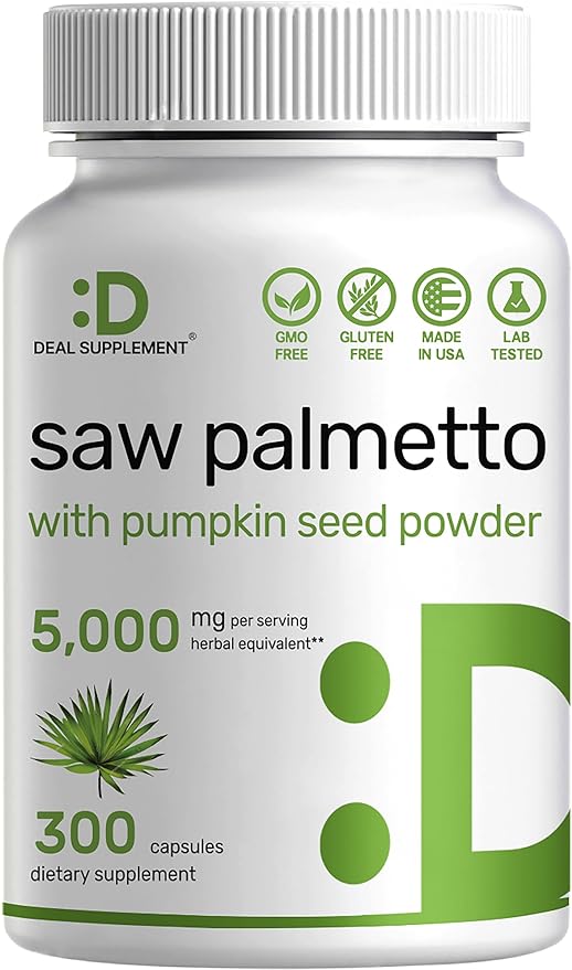 Saw Palmetto Supplement 5000mg with Pumpkin Seed, 300 Capsules | Promotes Prostate Health | DHT Blocker | Hair Growth Vitamins, Maintain Normal Urinary Frequency