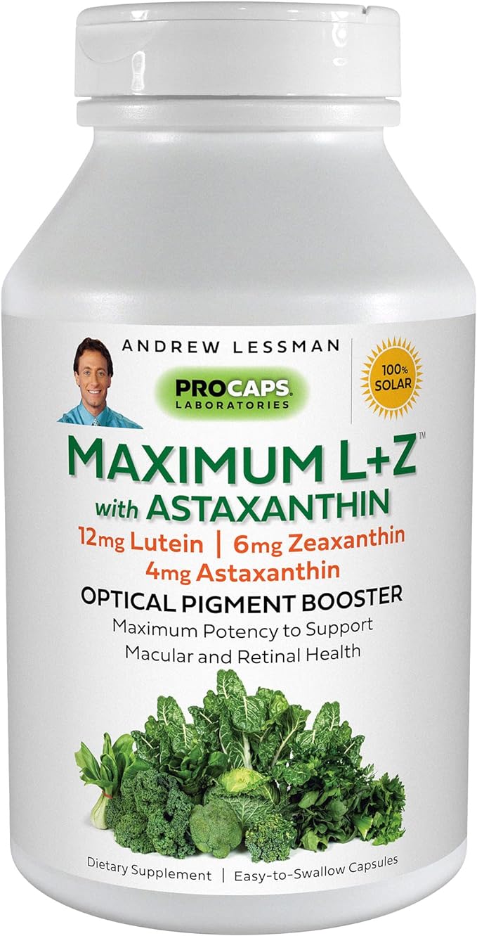 ANDREW LESSMAN Maximum L+Z with Astaxanthin 60 Softgels – 12mg Lutein, 6mg Zeaxanthin, 4mg Astaxanthin. Key Nutrients to Support Eye and Brain Health, and Promote Healthy Vision.