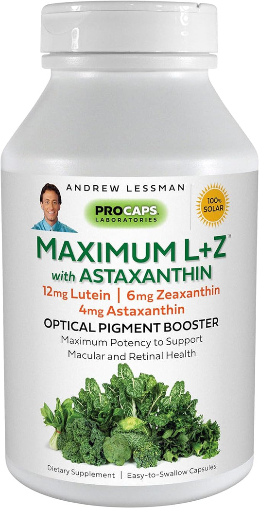 ANDREW LESSMAN Maximum L+Z with Astaxanthin 120 Softgels – 12mg Lutein, 6mg Zeaxanthin, 4mg Astaxanthin. Key Nutrients to Support Eye and Brain Health, and Promote Healthy Vision.