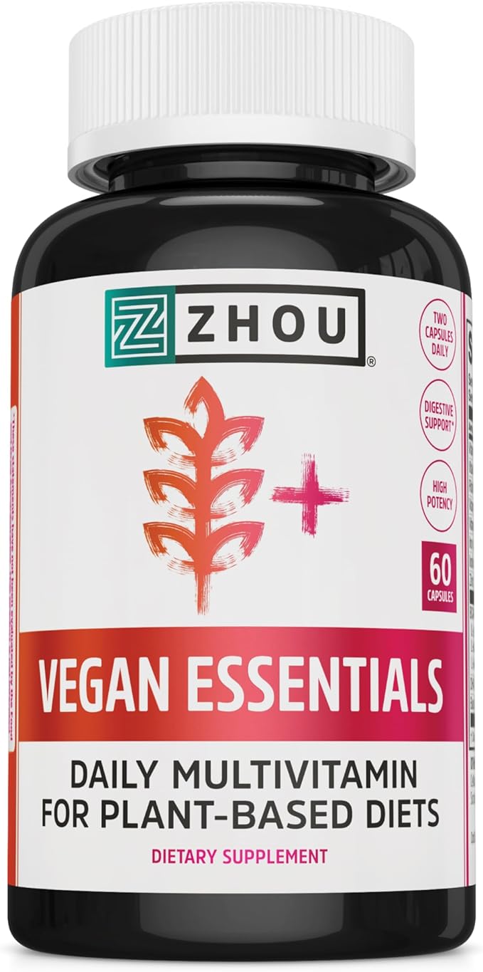 Zhou Vegan Essentials Multivitamin Supplement, B Vitamins, Energy, Vitamin C, Zinc, Immune System Function, Iodine Thyroid Support, Liposomal Iron, Plant-Based Diet Multivitamin, 60 Veg Caps