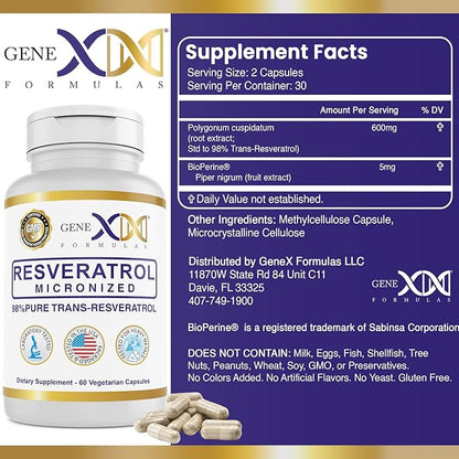 GENEX 98% Pure Trans-Resveratrol with BioPerine for Absorption (60 Capsules) Micronized, Lab-Tested, Fully Stabilized Resveratrol 600mg - Non-GMO, Gluten Free, Vegetarian