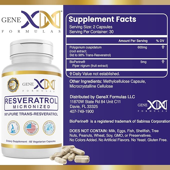 GENEX 98% Pure Trans-Resveratrol with BioPerine® for Absorption (3 Pack) Micronized, Lab-Tested, Fully Stabilized Resveratrol 600mg - 180X Trans-Resveratrol Capsules for Healthy Aging