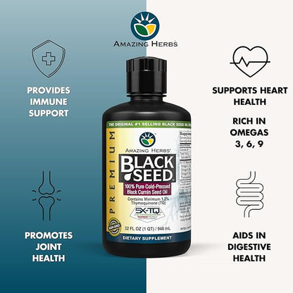 Amazing Herbs Premium Black Seed Oil - Cold Pressed Nigella Sativa Aids in Digestive Health, Immune Support, Brain Function, Joint Mobility, Gluten Free, Non GMO - 32 Fl Oz (Pack of 3)