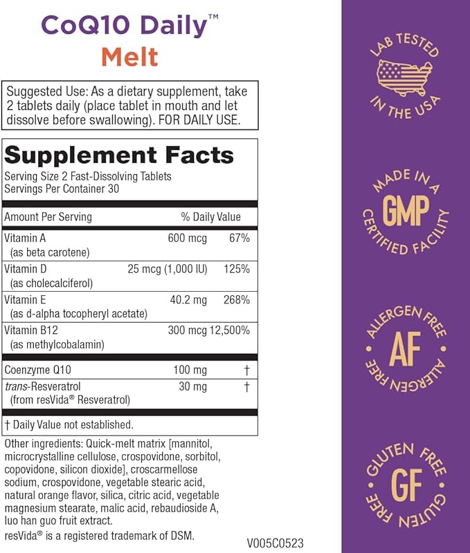 Purity Products CoQ10 Daily with Resveratrol Melt 100mg CoQ10-30mg Trans-Resveratrol - Vitamin A, D3, E, and B12 (as methylcobalamin) - 60 Fast Dissolving Tablets