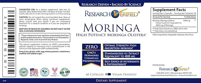 Research Verified Moringa Oleifera - 100% Pure Extract- 1200 mg Per serving - 60 Count - 3 Month Supply