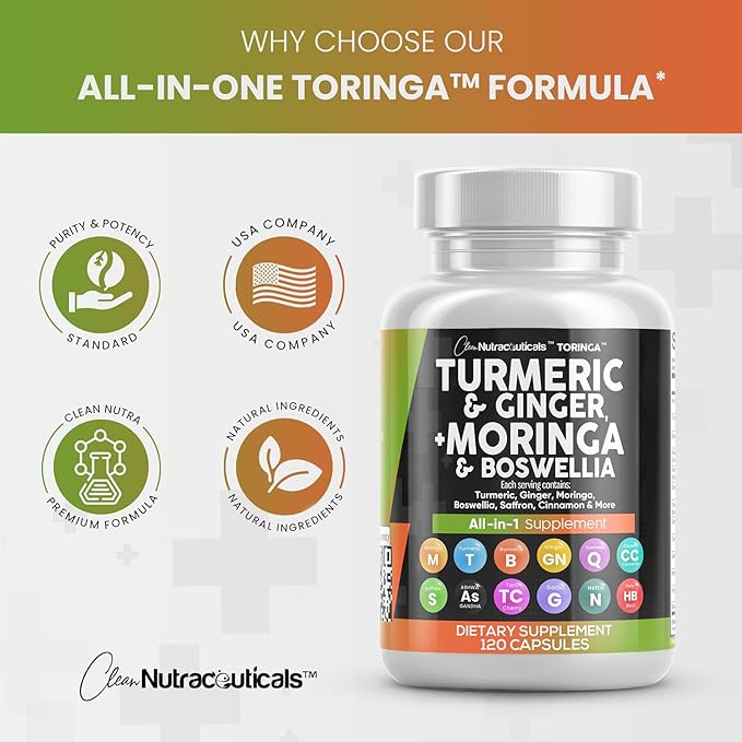 Turmeric Curcumin 30000mg Ginger 3000mg Moringa 50000mg Boswellia 3000mg Saffron 2000mg - Joint Support Supplement for Women and Men with Ceylon Cinnamon, Quercetin, Tart Cherry - 120 Caps