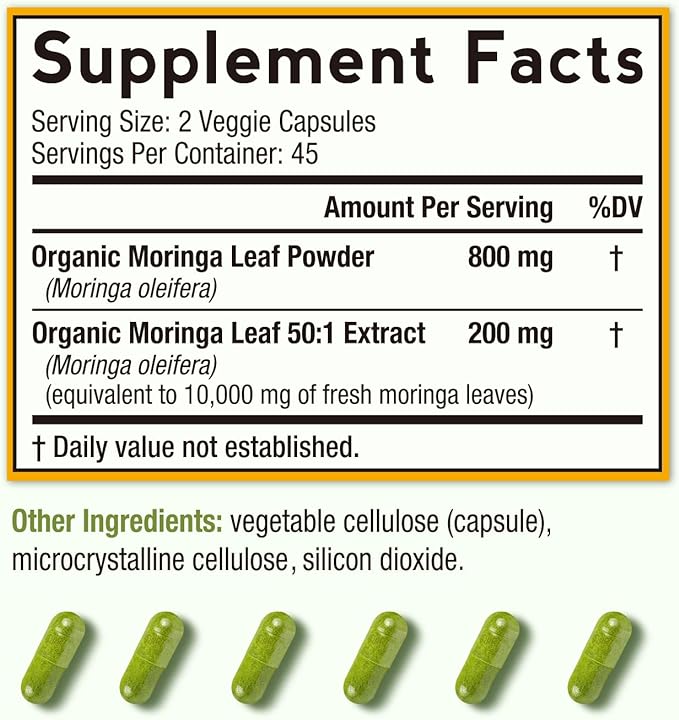 Doctor's Recipes Organic Moringa 10,800 mg Strength, Pure & Wild Harvested, Complete Green Superfood, Natural Antioxidant Support, Non-GMO, 90 Vegan Caps, No Caffeine Soy Gluten