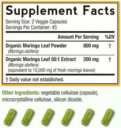 Doctor's Recipes Organic Moringa 10,800 mg Strength, Pure & Wild Harvested, Complete Green Superfood, Natural Antioxidant Support, Non-GMO, 90 Vegan Caps, No Caffeine Soy Gluten