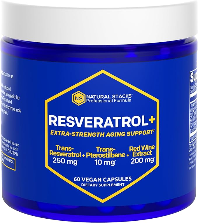 NATURAL STACKS Resveratrol Antioxidant Supplement - Trans-Pterostilbene 10 mg | Extra Strength Aging Support with Red Wine Extract 200 mg & Trans-Resveratrol 250 mg - 60 Resveratrol Capsules*