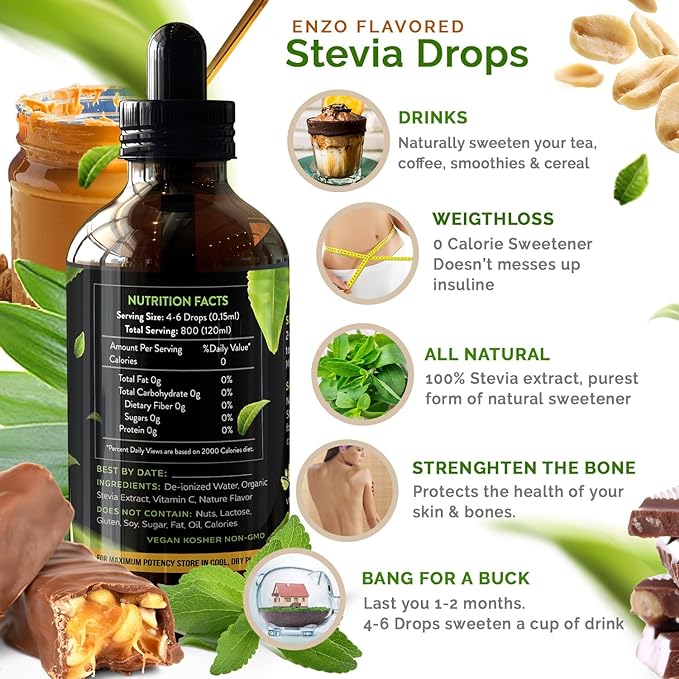 Chocolate Peanut Butter Liquid Stevia Drops (4oz) Bottle - Our Zero Calories Sweetener (800 Servings) with No Artificial Additives & Filler Ingredient