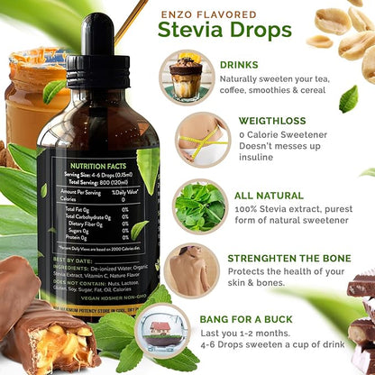 Chocolate Peanut Butter Liquid Stevia Drops (4oz) Bottle - Our Zero Calories Sweetener (800 Servings) with No Artificial Additives & Filler Ingredient