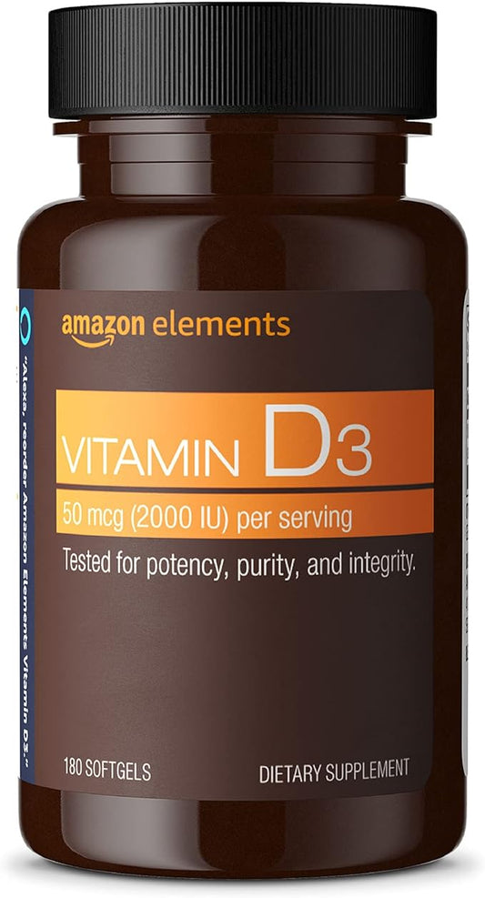 Amazon Elements Vitamin D3, 2000 IU, 180 Softgels, 6 month supply (Packaging may vary), Supports Strong Bones and Immune Health