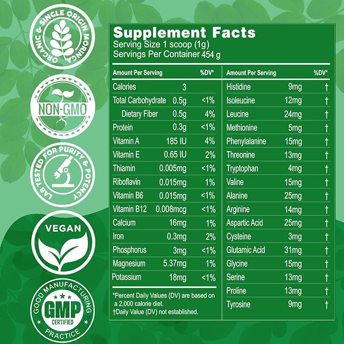 Grenera Organic Moringa Powder - 2.2 lbs (35.2 oz) | Moringa Oleifera Leaf Powder Lab Tested for Purity | Moringa Powder Organic Perfect for Smoothies, Drinks, Tea & Recipes | 100% Raw from India