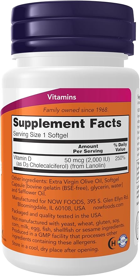 NOW Supplements, Vitamin D-3 2,000 IU, High Potency, Structural Support*, 30 Softgels