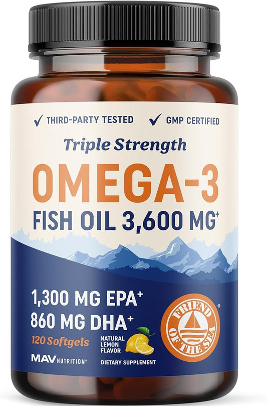 Triple Strength Omega 3 Fish Oil | 3600 mg EPA & DHA | Over 2100mg of Omega 3 Fatty Acids | 1300mg EPA + 860mg DHA | Best Essential Fatty Acids | Premium Burpless Softgel Supplements (120 Ct)