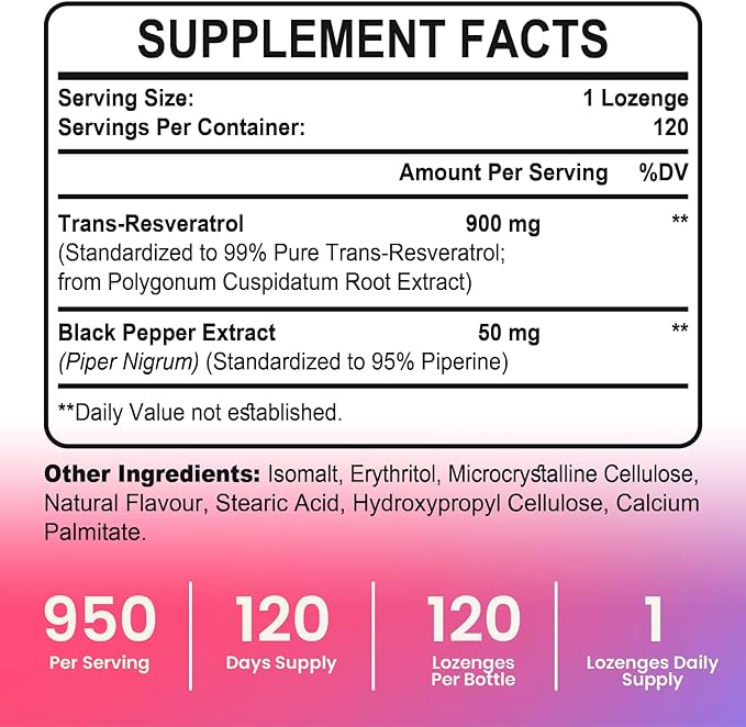 Sublingual 99% Ultra Purity 950mg Trans-Resveratrol, Resveratrol Supplement - Max Antioxidant for Anti-Aging, Skin & Heart Health Cell Repair Boost NAD+, Immune & Energy - 120 Lozenge(120-Days Supply)