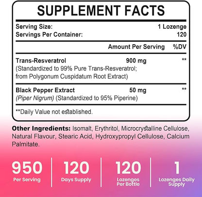 Sublingual 99% Ultra Purity 950mg Trans-Resveratrol, Resveratrol Supplement - Max Antioxidant for Anti-Aging, Skin & Heart Health Cell Repair Boost NAD+, Immune & Energy - 120 Lozenge(120-Days Supply)