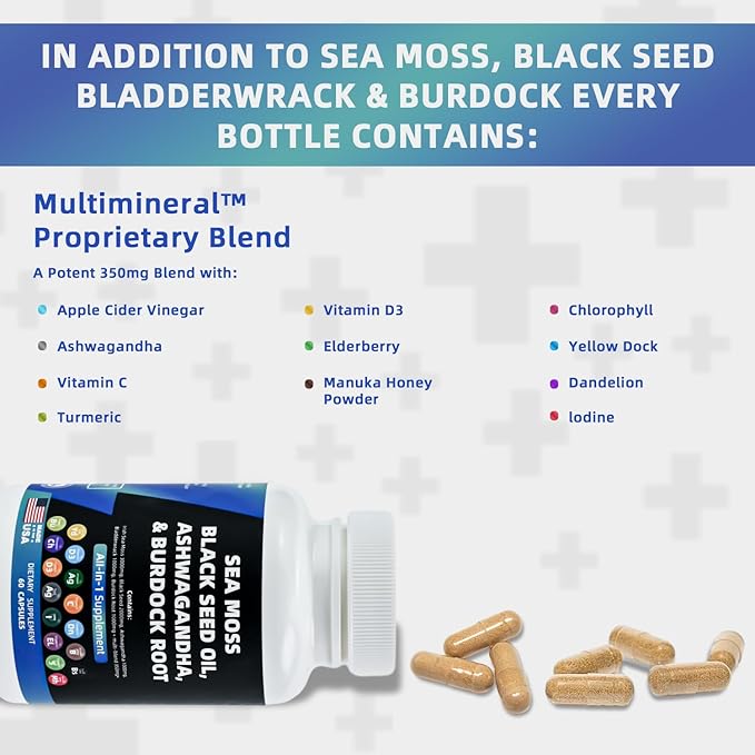 Multivitamin Sea Moss 3000mg Black Seed Oil 2000mg Ashwagandha 1000mg Turmeric 1000mg Bladderwrack 1000mg Burdock 1000mg Vitamin D3 with Elderberry Manuka Dandelion Yellow Dock Iodine Chlorophyll