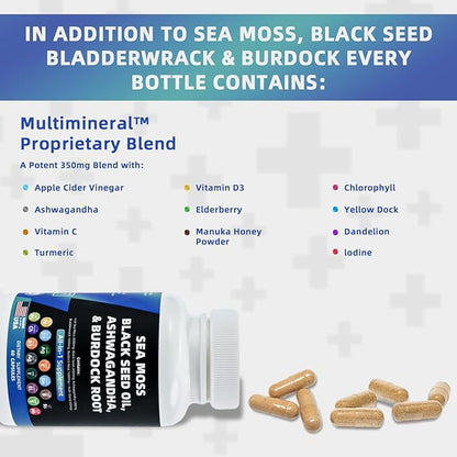 Multivitamin Sea Moss 3000mg Black Seed Oil 2000mg Ashwagandha 1000mg Turmeric 1000mg Bladderwrack 1000mg Burdock 1000mg Vitamin D3 with Elderberry Manuka Dandelion Yellow Dock Iodine Chlorophyll