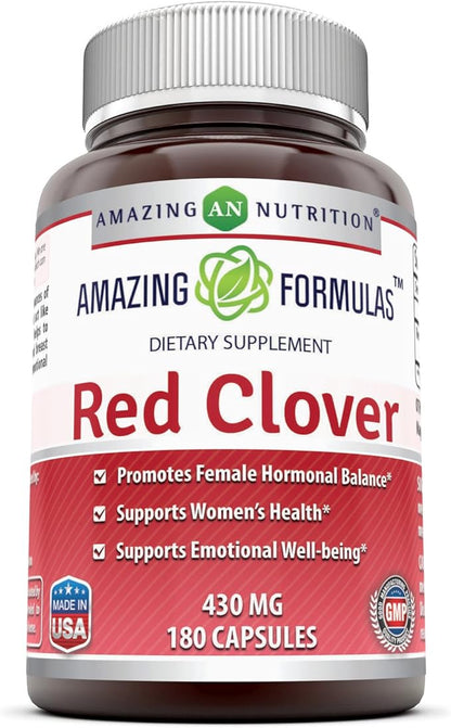 Amazing Formulas Red Clover Dietary Supplement with 430mg Red Clover Blossoms Herb Extract for Relief from PMS & Menopause Symptoms & Overall Hormonal Support - 180 Capsules